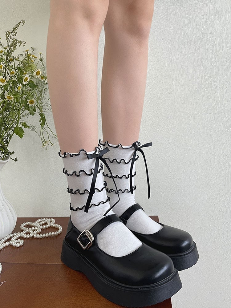 White Trims Tiered Socks Black Calf Bowknot With Ruffle