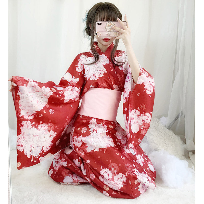 Vintage Cat Sakura Print Kimono Dress