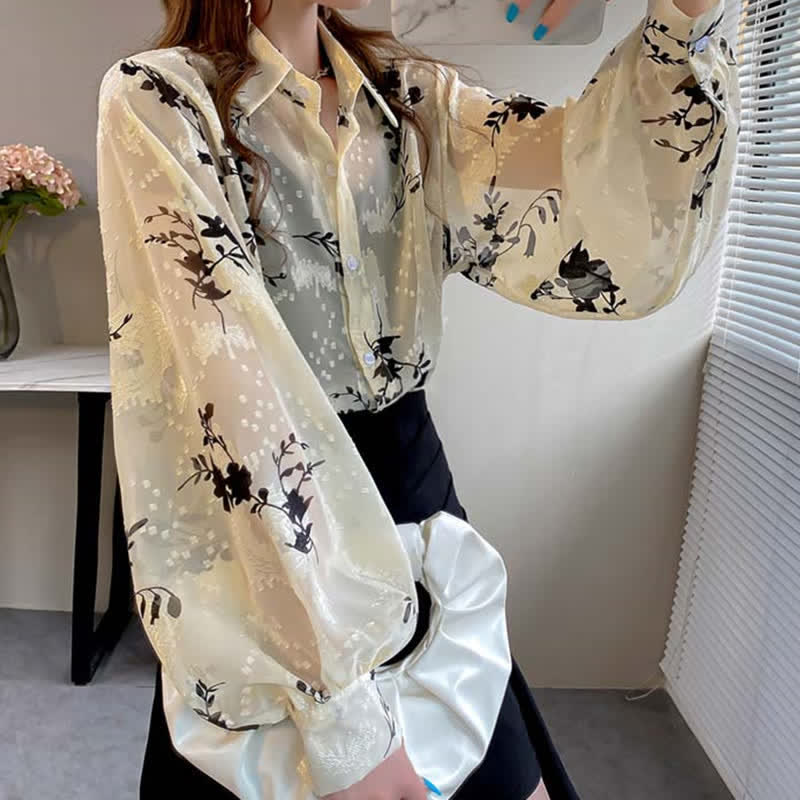 Floral Embroidery Puff Sleeve Chiffon Shirt