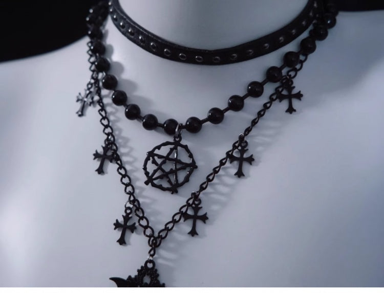 Pentagram Cross Pendant Black Triple Layered Necklace