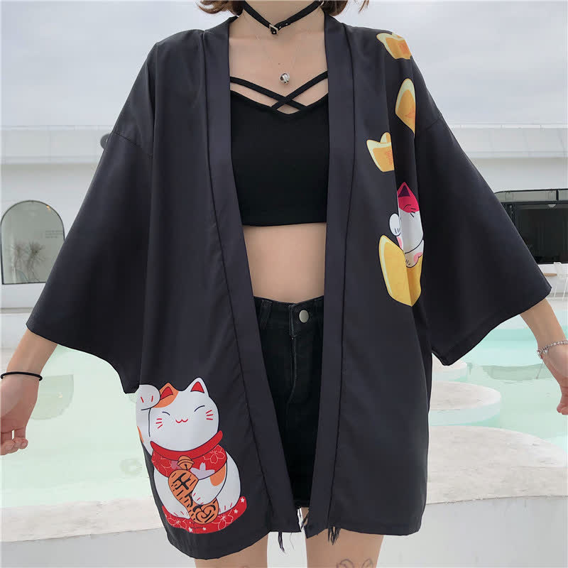 Cardigan imprimé lettre Lucky Cat Kimono Vêtements d'extérieur