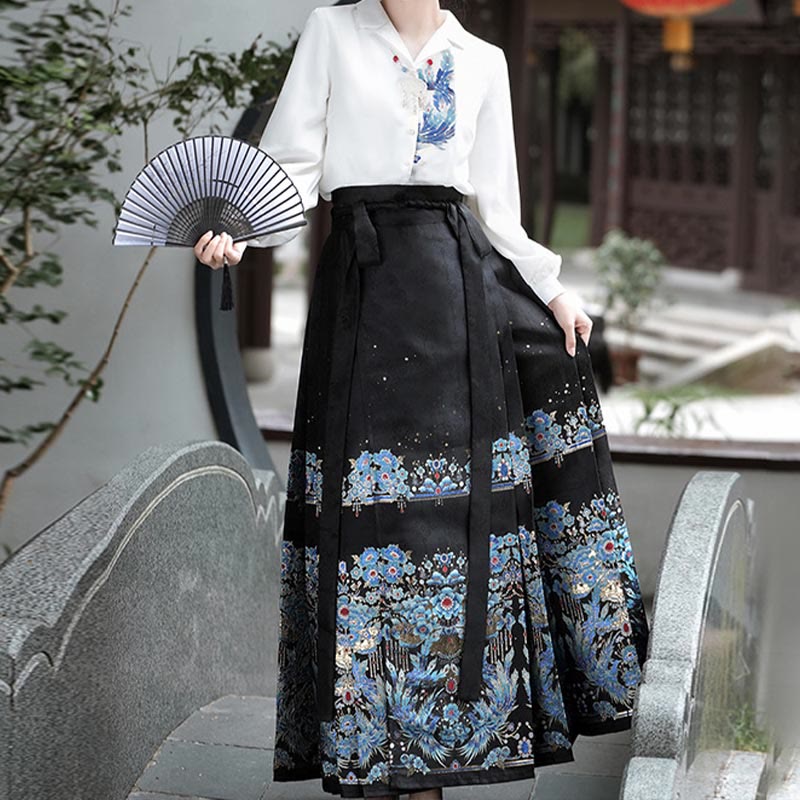 Plumage Embroidery Shirt High Waist Flower Print Skirt