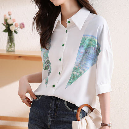 Chic Painting Print Chiffon Lapel Shirt