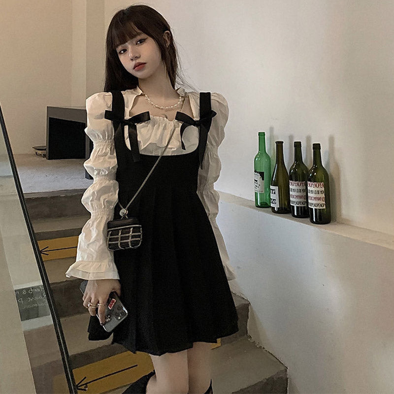 Sweet Square Collar Puff Sleeve Shirt Pleated Suspender Skirt Set