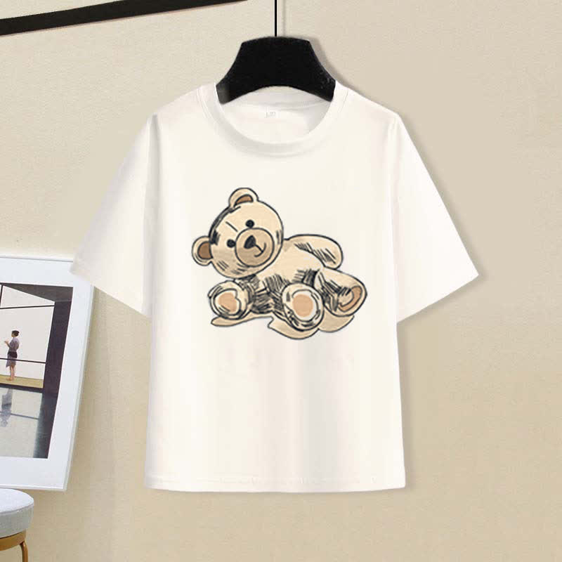 Cartoon Bear Letter Print T-Shirt Pleated Tulle Skirt