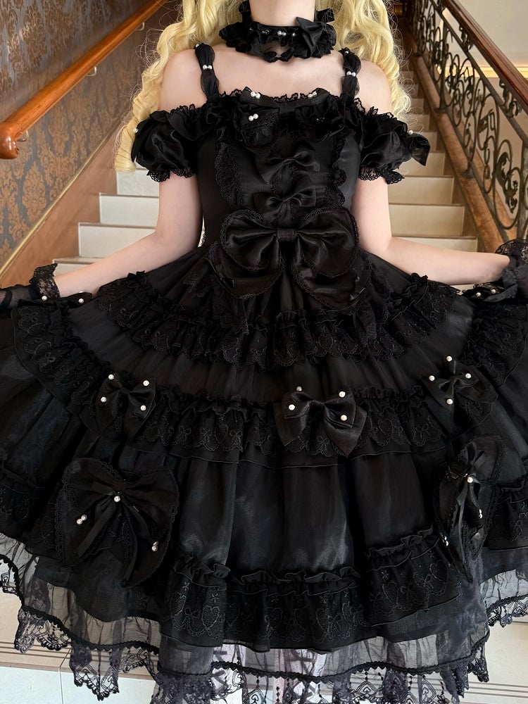 with Black Details Dress Big Accents Princess Lolita Bead All at Back and Bow