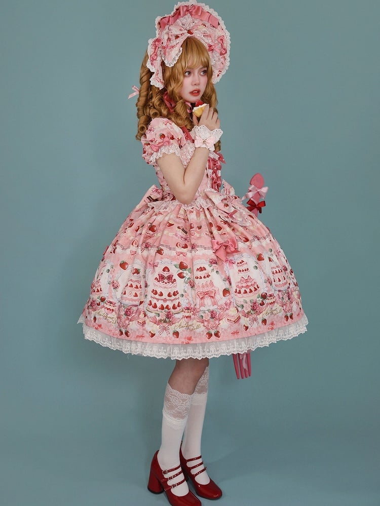 Print Dress Sweet Lolita Bow Set Pink / Accents Strawberry Cake Full
