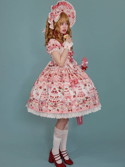 Print Dress Sweet Lolita Bow Set Pink / Accents Strawberry Cake Full