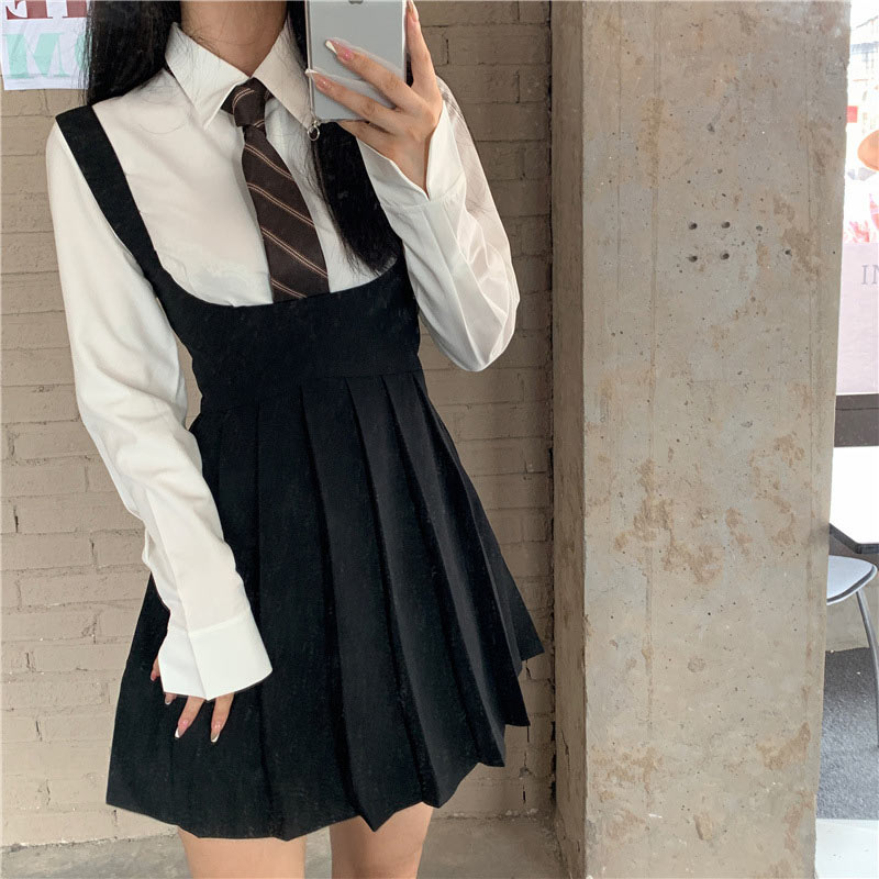 White Shirt Pleated Suspender Skirts Tie Set