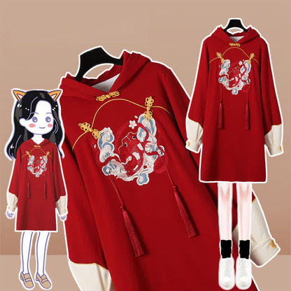 Koi Fish Fringed Buckle Hoodie Sweatshirt Dress