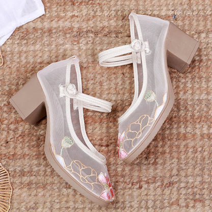Floral Embroidery Chunky Heel Mesh Shoes