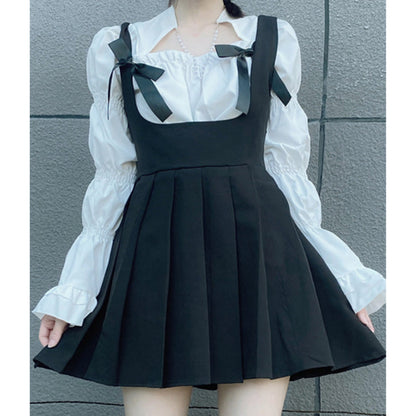 Sweet Square Collar Puff Sleeve Shirt Pleated Suspender Skirt Set