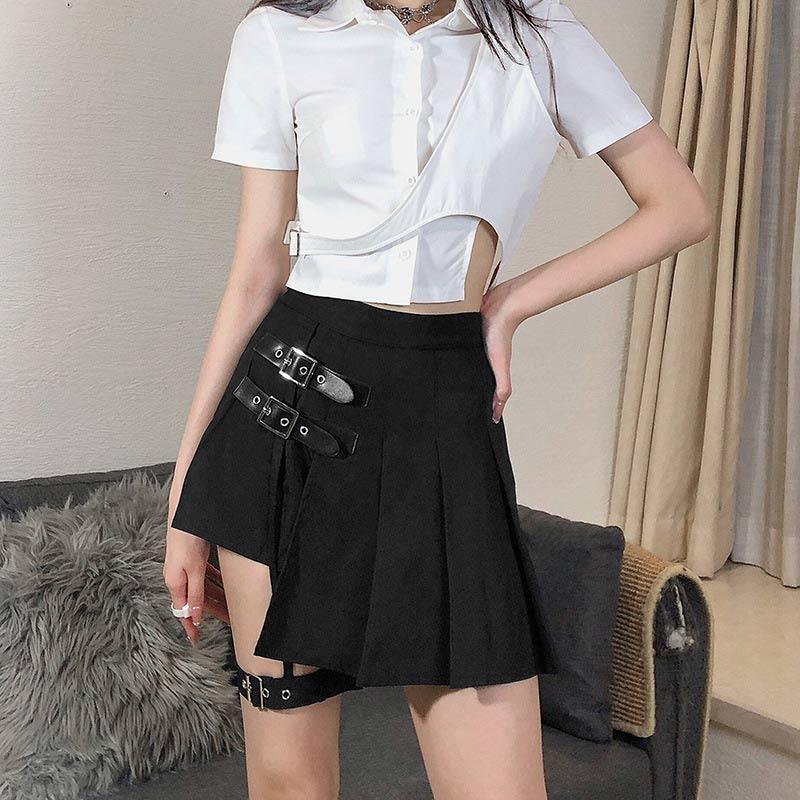 Y2K Buckle Leg Ring Mini Pleated Skirt