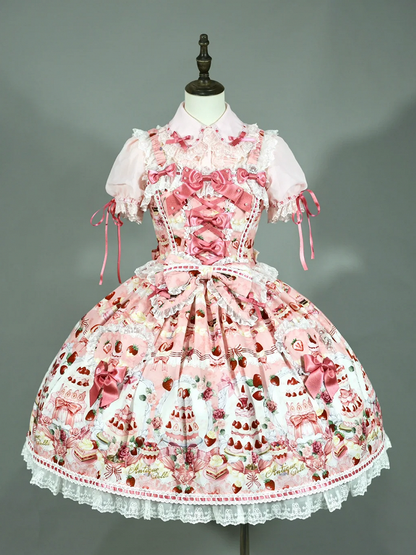 Pink Strawberry and Print JSK Full / Bow Sweet Set Lolita Desserts Accents
