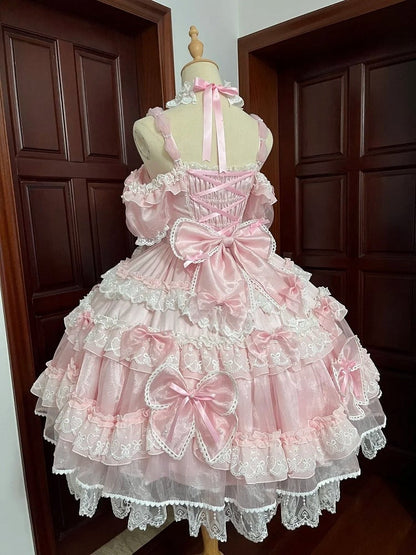 Pink Dress Sweet Back Princess Bow Bead with Lolita and Details Big at Accents