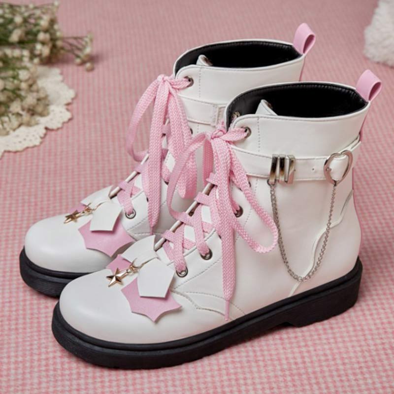 Pink Bow Knot Chain Lace-up Front Boots