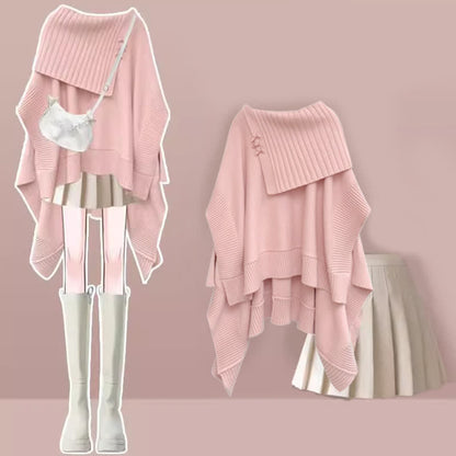 Irregular Off  Shoulder Loose Cloak Sweater Pleated Skirt