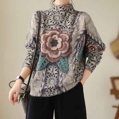 Retro Blossom Print Mock Tutleneck Sweater