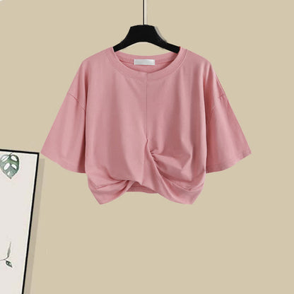 Bow Round Collar Bowknot Crop T-Shirt Irregular Skirt