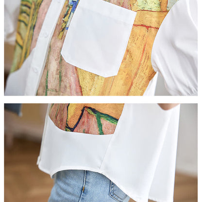 Colorblock Painting Print Pocket Lapel Shirt