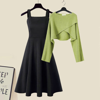 Green Cross Knit Crop Sweater A-line Slip Dress