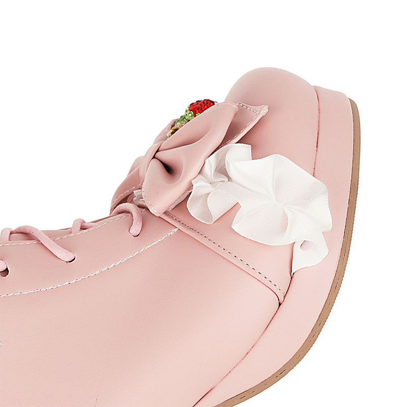 Sweet Strawberry Bow Lolita Lace Up Boots