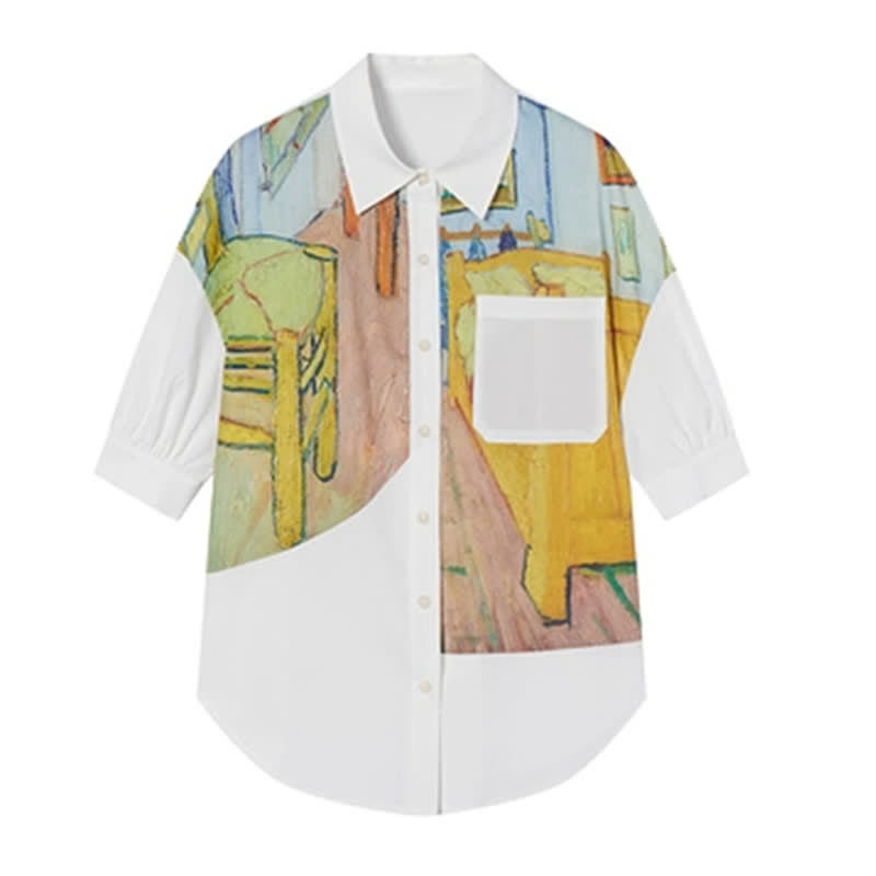 Colorblock Painting Print Pocket Lapel Shirt