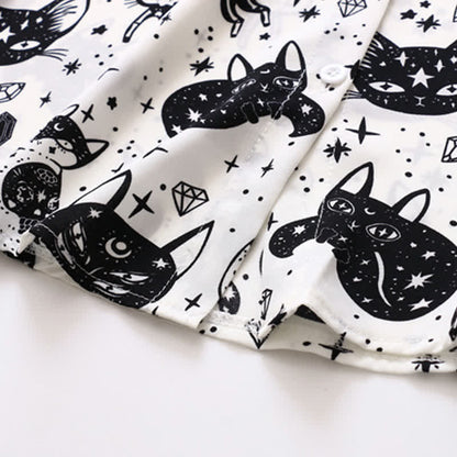 Black White Kitty Print Lapel Chiffon Shirt