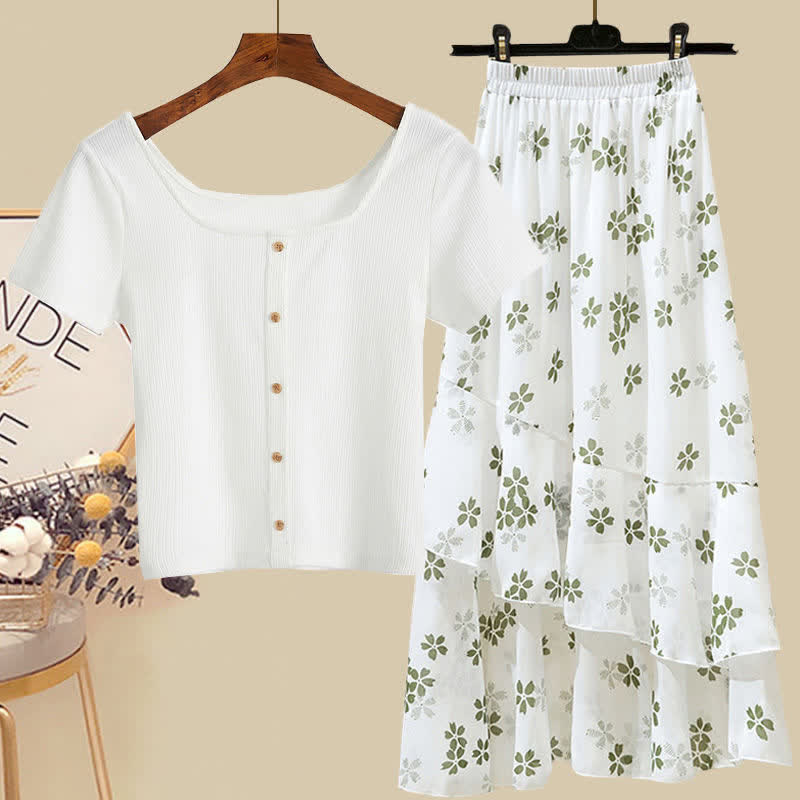 Sqaure Collar Pure Color T-Shirt Floral Print Skirt Set