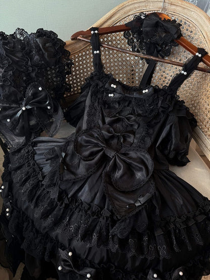 with Black Details Dress Big Accents Princess Lolita Bead All at Back and Bow