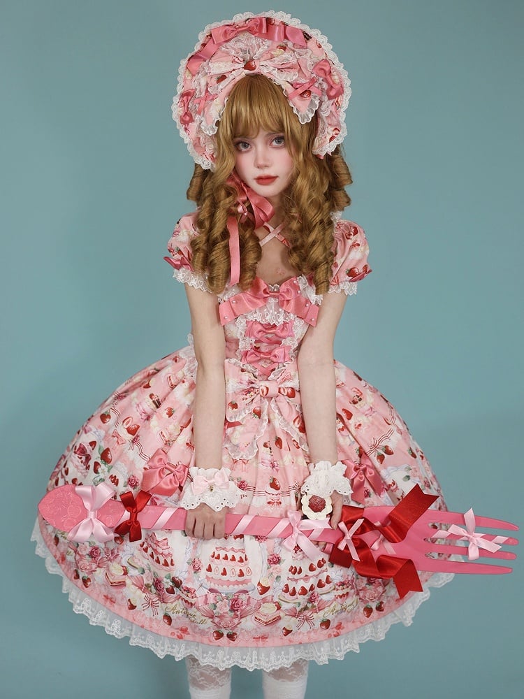 Print Dress Sweet Lolita Bow Set Pink / Accents Strawberry Cake Full
