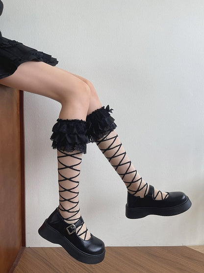 Banded Stockings Crisscorss Details Bowknot White/Black Underknee