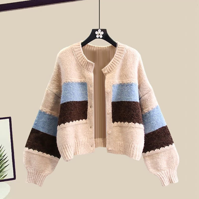 Colorblock Stripe Cardigan Sweater Shirt Denim Skirt