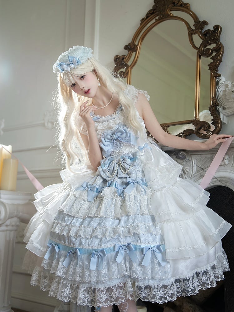 Dress JSK Decoration Hanayome Lolita Set Full Hime Skirt Tiered and White Blue Bows