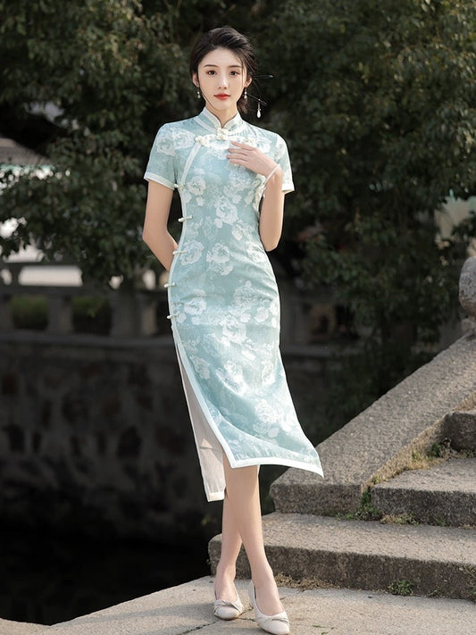 Light Green Floral Cheongsam Dress