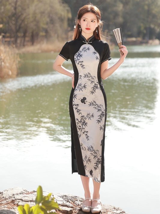 White with Black Bamboo Cheongsam