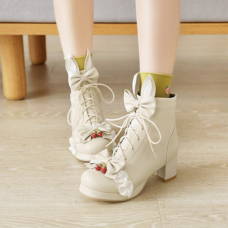 Sweet Strawberry Bow Lolita Lace Up Boots