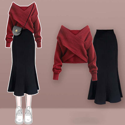 Chic V-neck Cross Knit Sweater Fishtail Skirt