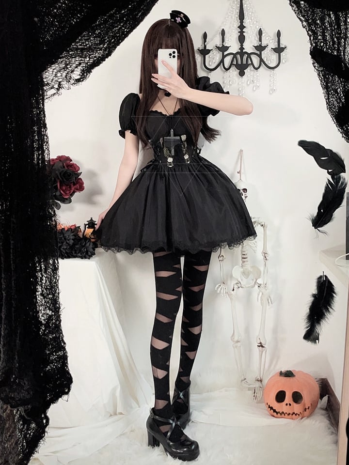 Halloween Dark Black Puff Sleeves Dress Costume