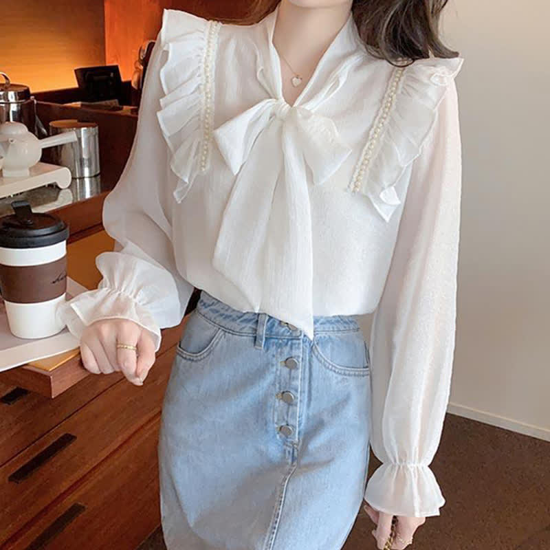 Elegant Bowknot Flouncing Chiffon Shirt