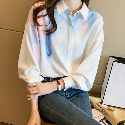 Colorblock Gradient Print Lapel Shirt