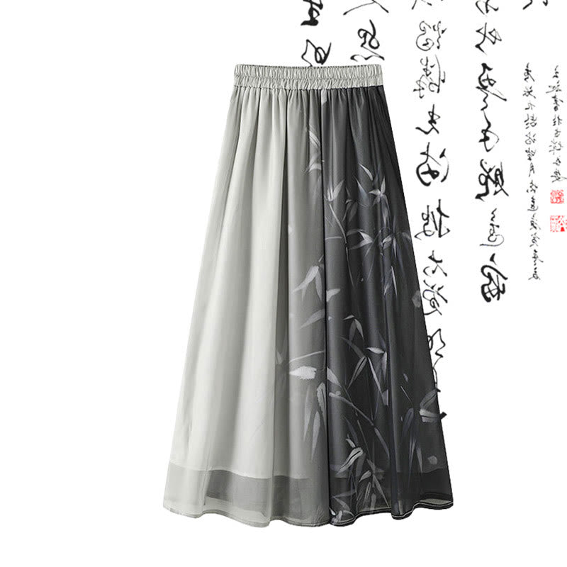 Black Buckle Bamboo Print Shirt High Waist Skirt