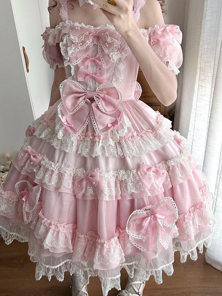 Pink Dress Sweet Back Princess Bow Bead with Lolita and Details Big at Accents