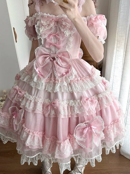 Pink Dress Sweet Back Princess Bow Bead with Lolita and Details Big at Accents