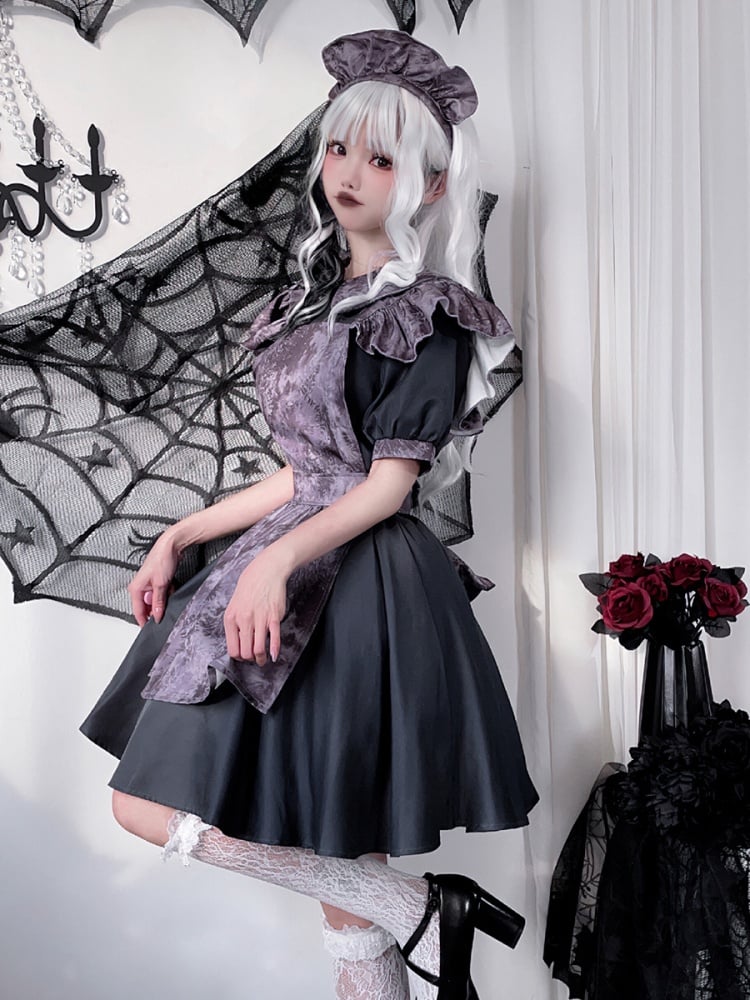 Halloween Costume Dark Maid Black Dress with Purple Apron