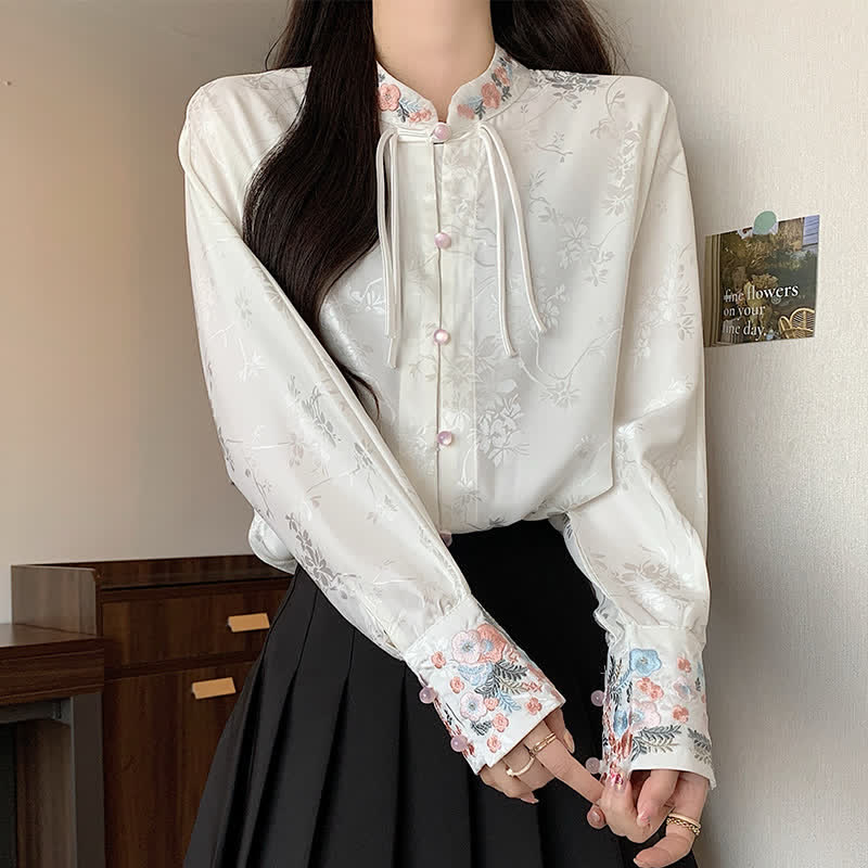 Chic Flower Embroidery Buckle Long Sleeve Shirt