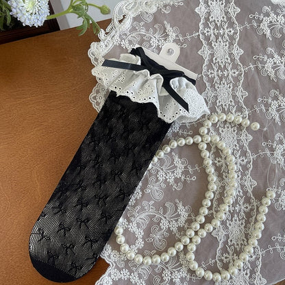 Black/White/Apricot Bowknot Hollow-out Socks Details Trim Lace