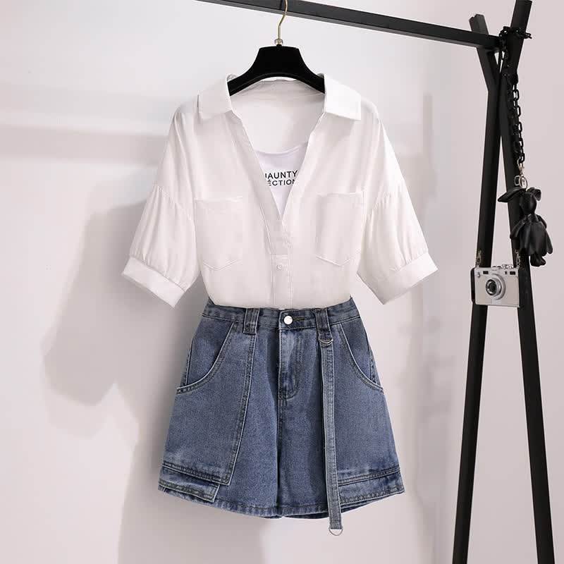 Fake Two Pieces Lapel T-Shirt Pocketed Denim Shorts