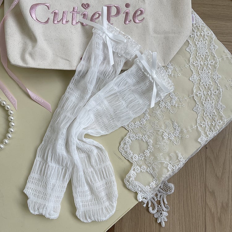 Tulle Socks Lace Details Bowknot Ruffled White/Black