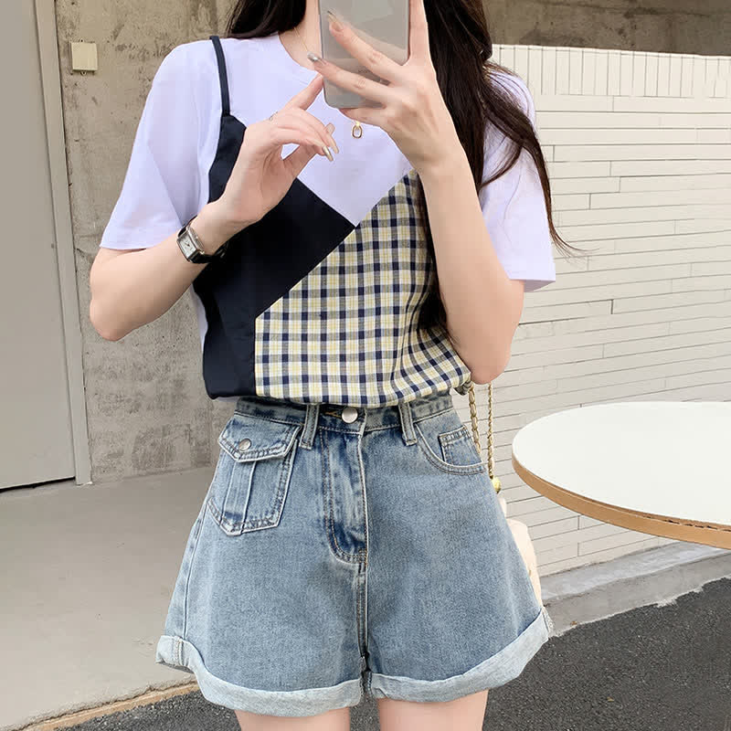 Chic Colorblock Round Collar T-Shirt Pocketed Denim Shorts modakawa